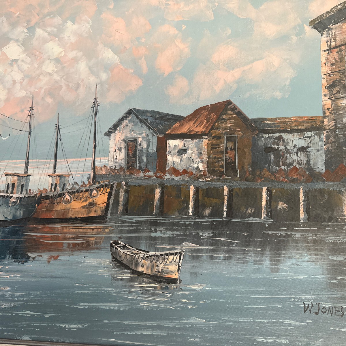 中古】M▽W.JONES 油絵 漁港 船 海 港 (37866) Artist W . Jones