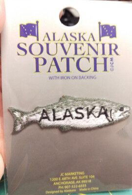 New Alaska iron on embroidered souvenir patch Salmon with Alaska on it's side