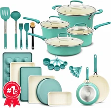 Cookware Set – 23 Piece –Aqua Multi-Sized Cooking Pots with Lids, Skillet Fry Pa