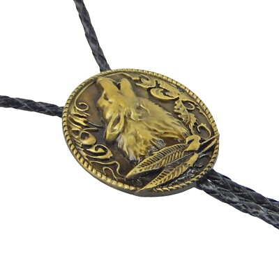 Howling Wolf Bolo Tie 40'' Genuine Leather Cord Antique Bronze Detailed Tips
