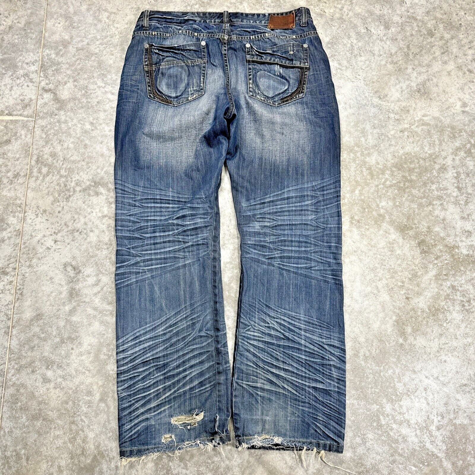 Stone Touch Jeans Mens 38 x 34 y2k grunge embroidered punk emo flap distressed