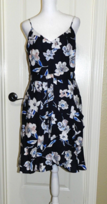 Banana Republic Linen Flounce Sundress Ruffle Spaghetti Strap 6 Navy Floral  | eBay