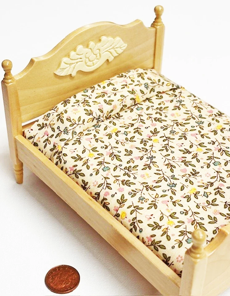 Lit Double En Bois De Pin Couleur 1:12 Échelle Miniature Chambre 53P Tumdee - Photo 2/4