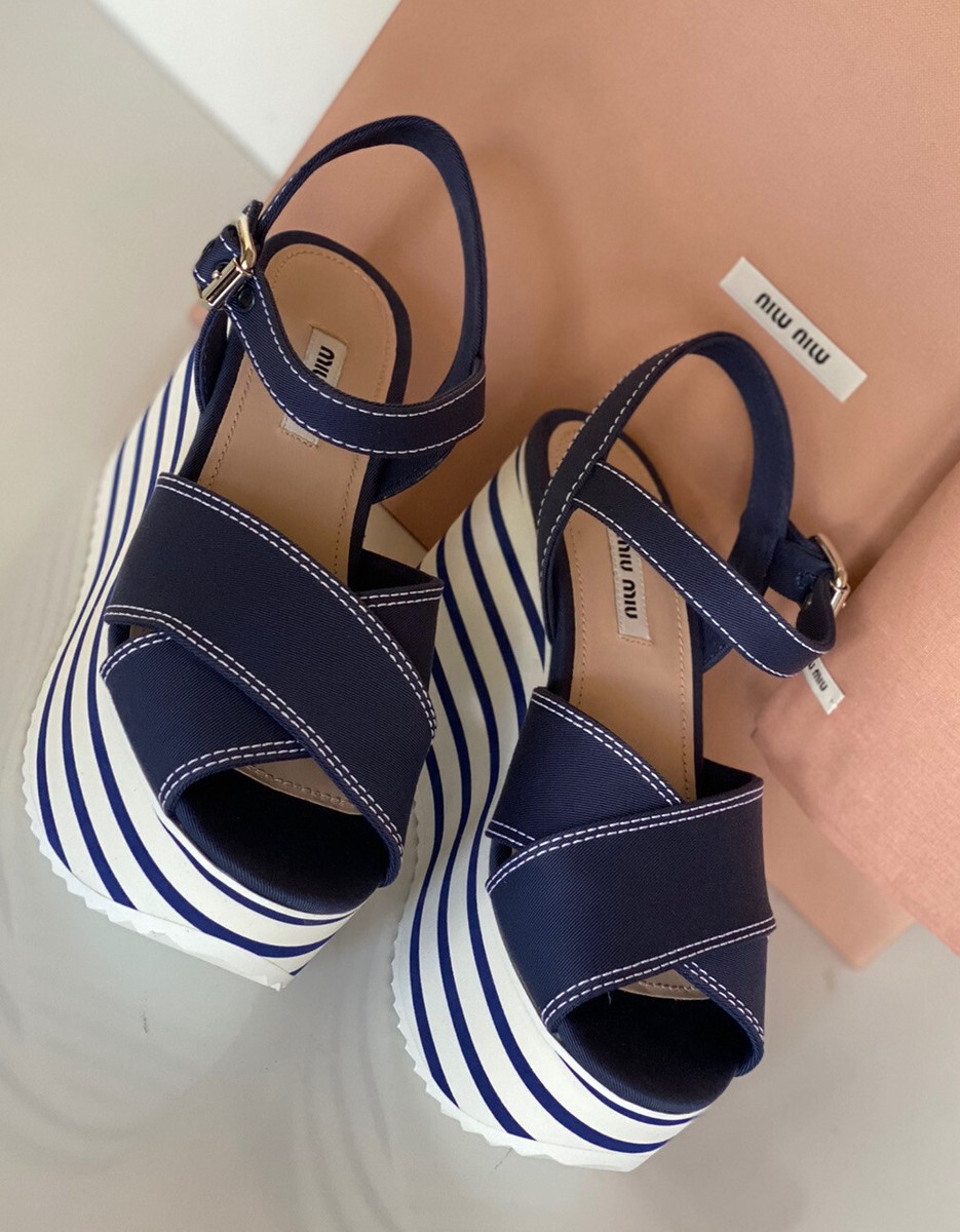 NIB $750 MIU MIU Women's Platform Wedge Blue Sandals 7.5 US
