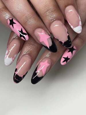 24pcs Long Almond Black French Pink Star Print Fake Nail Press On Nails False | eBay