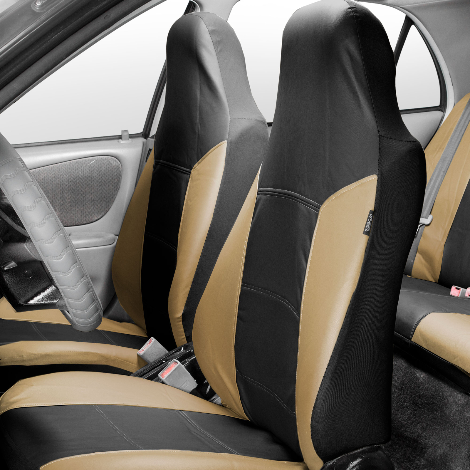 FH Group Universal PU Leather Highback Car Seat Covers - Front Set Beige/Black