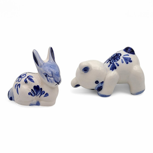 Lot of Two Vintage Delft Blue Porcelain Figurines Tumbling Bear & Bunny Rabbit