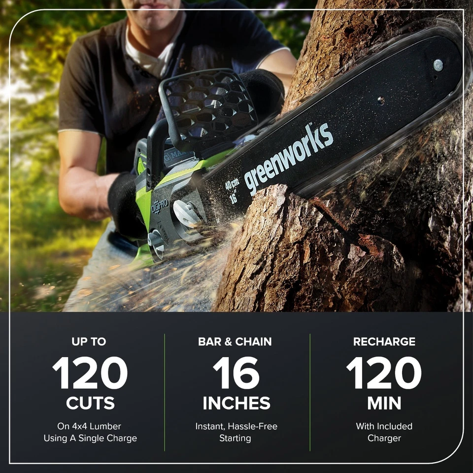 Motosierra sin escobillas Greenworks 40V 16 pulgadas (1,5KW) con batería de 4Ah y cargador de 2A Foto 2 de 4