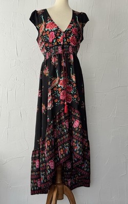 Unbranded Gypsy Boho Dress (M) Button Front Black Peacock/Floral Tassels HiLo