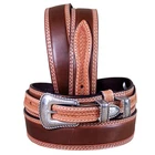 76MF 2 Tone Brown Full-Grain Leather Belt Contrast Stitching & Removable Buckle