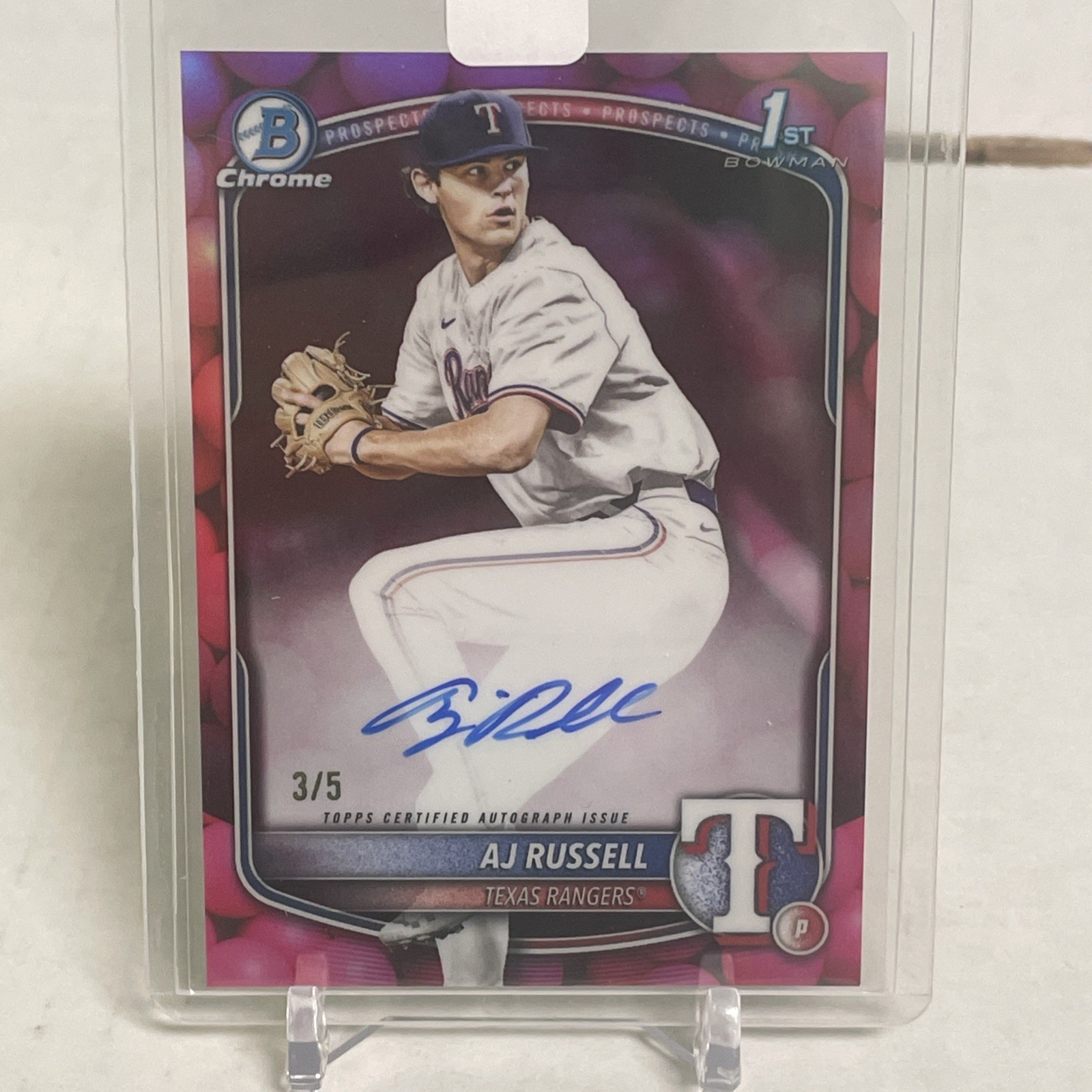 2025 Bowman Chrome Draft AJ Russell 1st Bowman Auto /5 Bubble Gum Snackpack