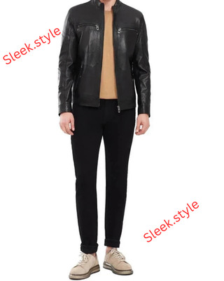 Mens Leather Lambskin Black  Jacket Motorcycle Slim Fit Zip Front Riding Coat