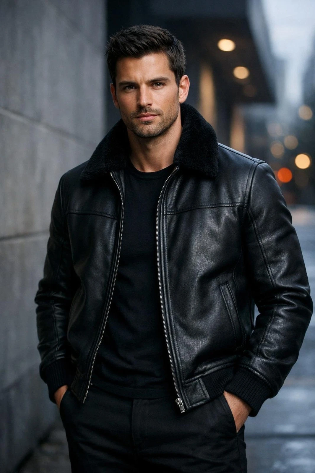 Men’s Black Bomber Jacket Real Sheepskin Leather Jacket Winter Fur Collar Coat