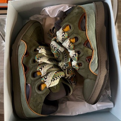 Lanvin Olive and Tan Suede Low-Top Sneakers with Multicolor Woven