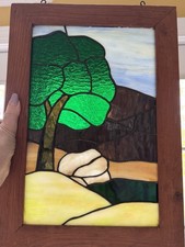 Vintage Wood Framed Stained Glass Hanging Suncatcher Panel Picture 16.75 x 12