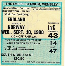 TICKET: ENGLAND v Norway (World Cup Qualifier) 1980 - EXCELLENT