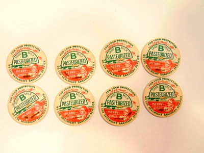 8 vintage milk bottle lid center inserts with Christmas greeting