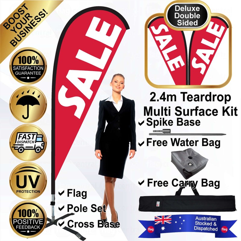 K - SALE Deluxe Red 2.4m Teardrop Flag / Banner Kit with Pole Set, Galvanised Steel Ground Spike, Steel Outdoor Cross Base, Free 15kg Water Bag and a Free Carry Bag - 1