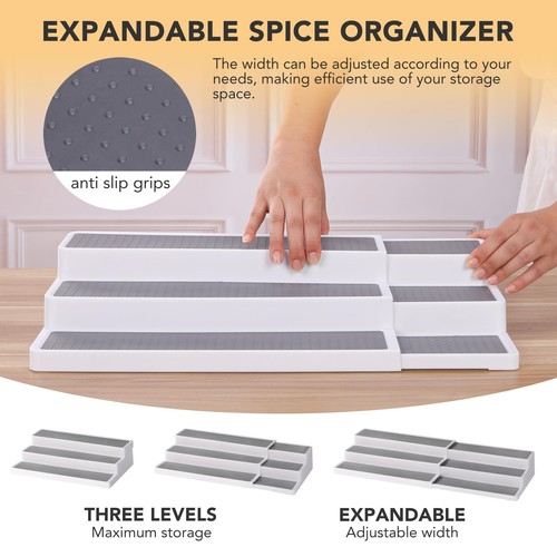 3 Tier Expandable Spice Rack Organizer White/Grey 14.6In-25.8In 2 Pack - Picture 3 of 9
