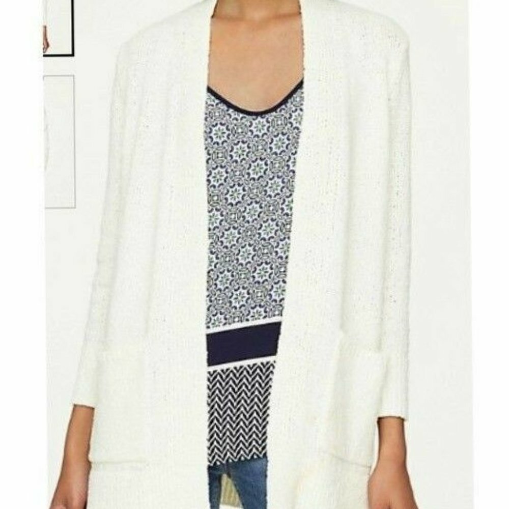 ANN TAYLOR LOFT OFF WHITE RIBBED BACK LONG LINE CARDIGAN SWEATER SIZE: L  NWT - Body Logic