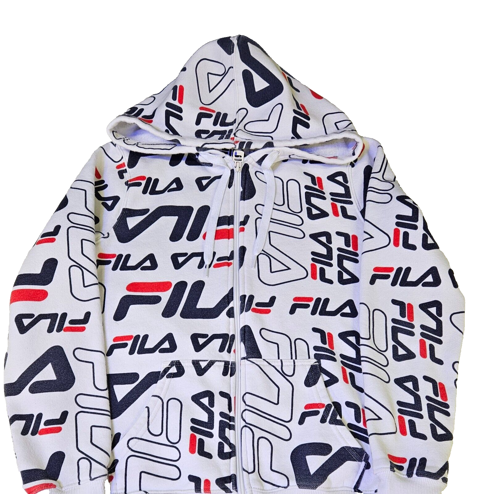 Felpa con cappuccio e zip Fila vintage bianca con logo taglia small (G18