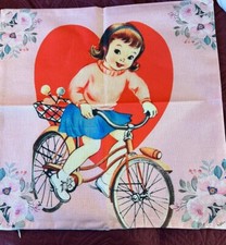 VALENTINES DAY PILLOW COVER.. VINTAGE DESIGN.. A SWEET LITTLE GIRL ON A BICYCLE