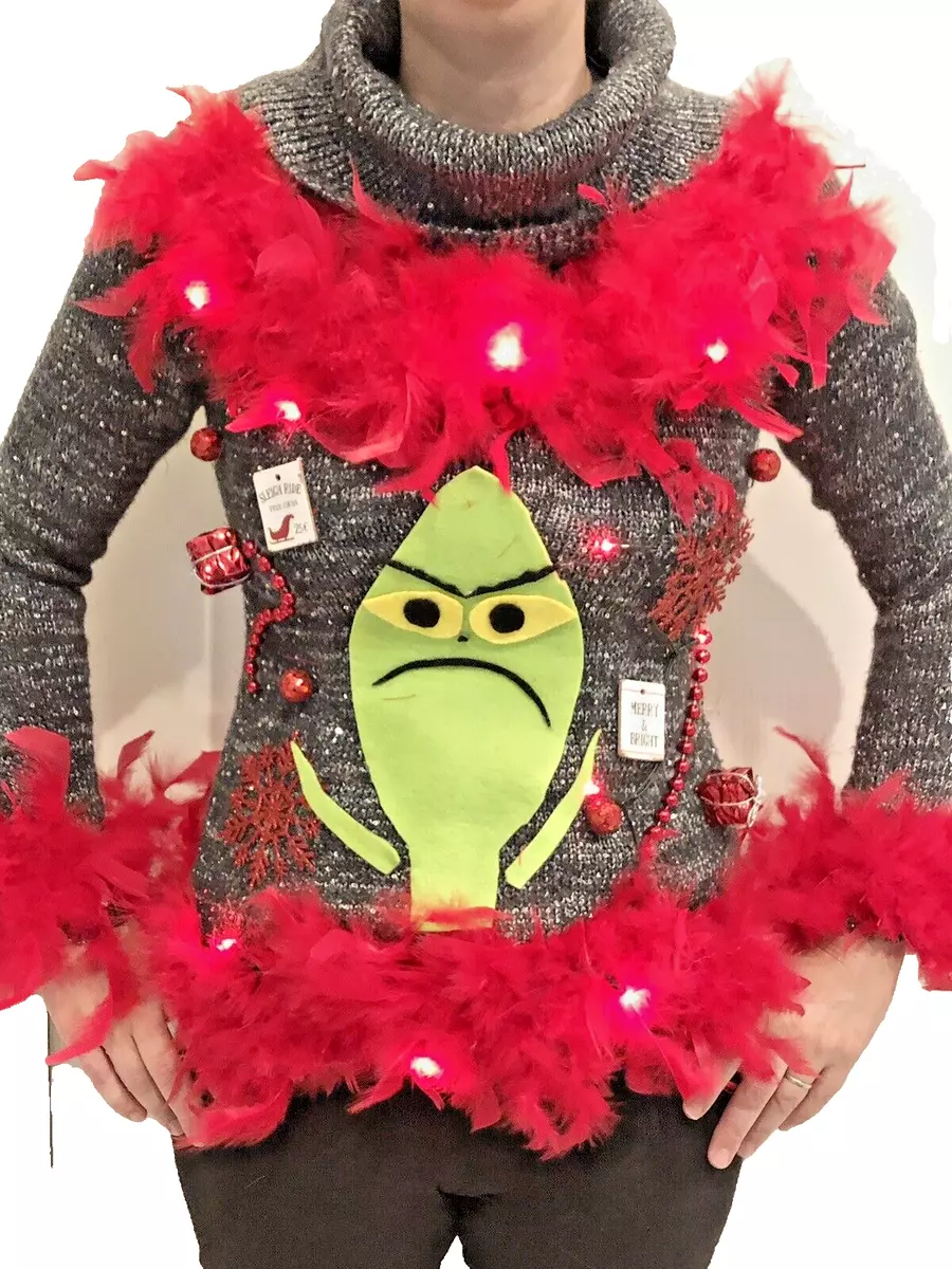 Grinch Ugly Christmas Sweater Contest Tacky Lights Up Boa Feathers