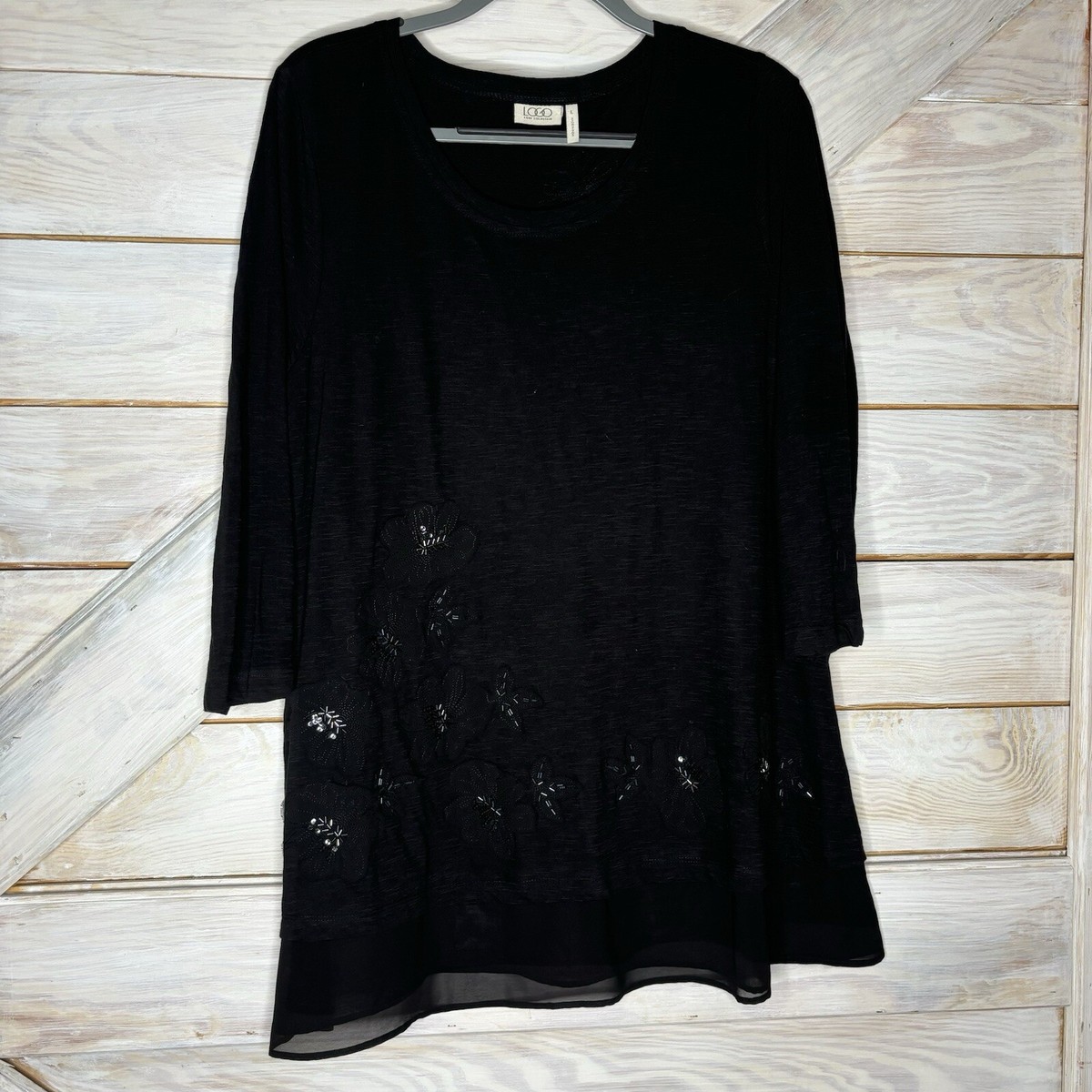 LOGO Lori Goldstein 3/4 Sleeve Chiffon Trim Tunic Knit Top sz