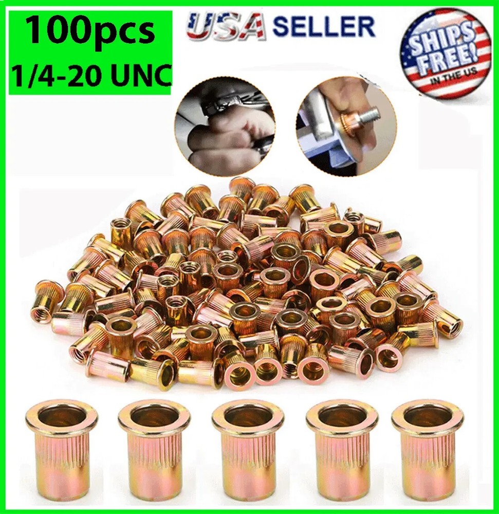 100 Pc Rivet Nuts 1/4-20 Carbon Steel Rivnut Insert Nutsert Threaded Flat Head