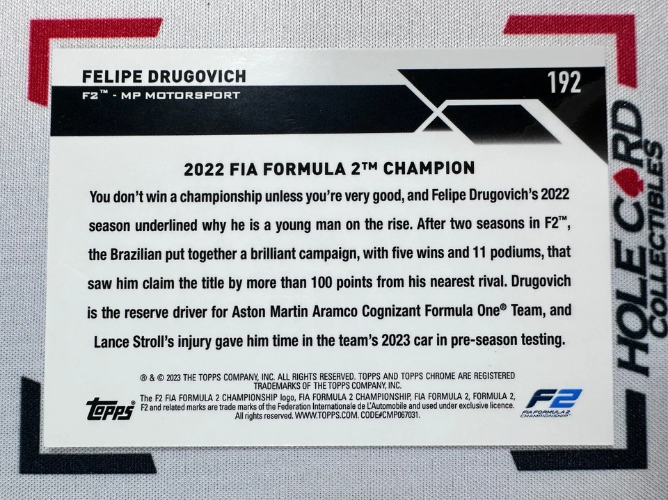 FELIPE DRUGOVICH 2023 Topps Chrome Formula 1 F1 F2 #192 Gold Checker Flag 04/50 - Image 2 of 3