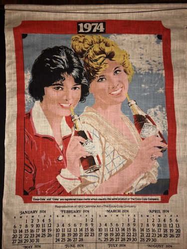 COCA COLA CALENDAR DISH TEA TOWEL FROM 1974 IN ORIGINAL BOX NEW OLD STOCK COKE - Picture 2 of 9