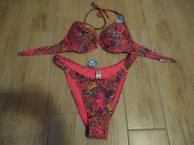Bikini Set Push up Pink/Bunt mit Gold Glitter Effekt 80B und L high leg