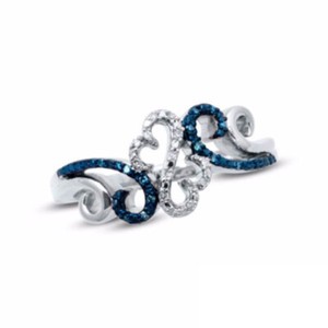 Authentic 14K White Gold Plated Sterling Duble Hearts Waves Diamond Accent Bypass Ring