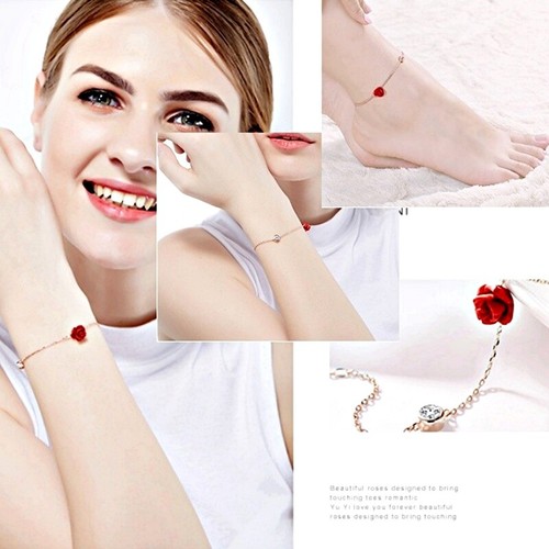 S925+18K Rose Gold GF Made With SWAROVSKI Crystal Resin Red Rose Anklet Bracelet - Picture 8 of 12