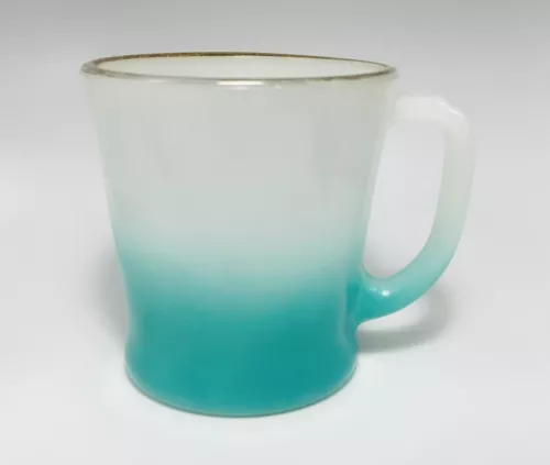Vintage Fire King Turquoise Blue Fade Ombré Coffee Mug Gold Rim D Handle USA