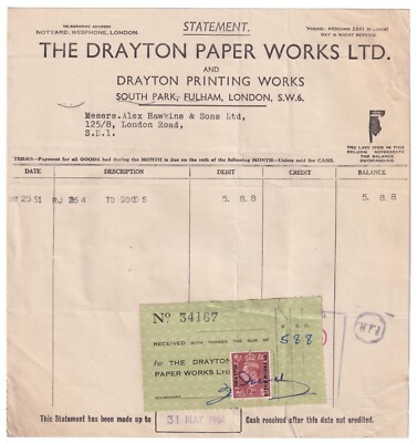 1951 London SW6 BILL HEAD - Drayton Paper Works Ltd und Drayton Printing - B7