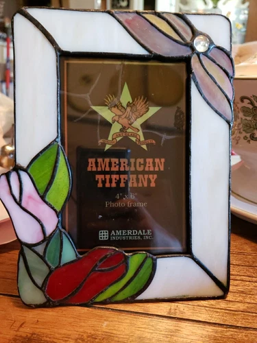 Vintage Leaded Stained Glass Picture Frame Floral Art Deco TIFFANY