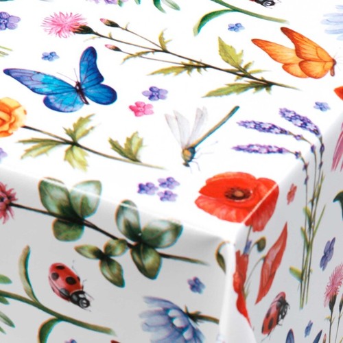 Pvc Tablecloth Spring Flowers, Butterflies, Bees on White Plastic Wipe Clean - Picture 2 of 2