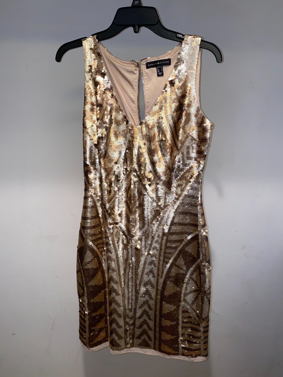 aidan mattox gold cocktail dress Aidan Mattox Long Sequin Dress Champagne with Silver Gold