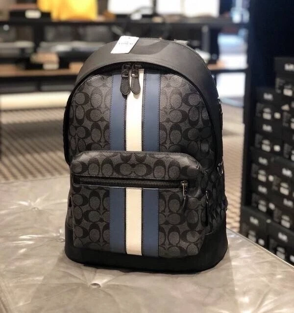 NWT Coach Men s West Backpack In Signature Canvas With Varsity Stripe Very Rare