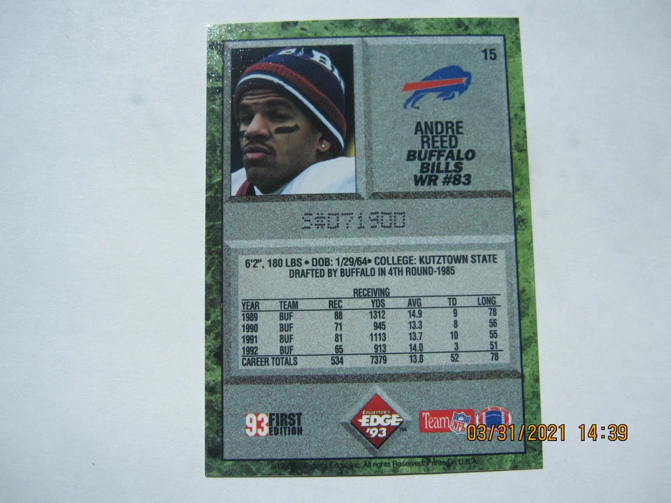 Andre Reed BUFFALO BILLS Collector's EDGE 1993 Football trading card #15 - Image 2 of 2