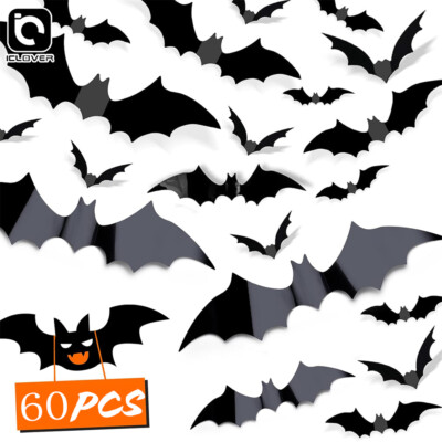 60x Big Halloween Bat Wall Decorations 3D Bat Stickers Window Party Scary Decor