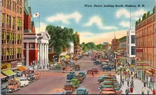 Main Street, Nashua, New Hampshire - c1940s Linen Postcard - Old Cars, Signs