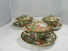3 CHINESE ROSE MEDALLION COVER RICED OR SOUP BOWLS WITH SAUCERS CIRCA 1890