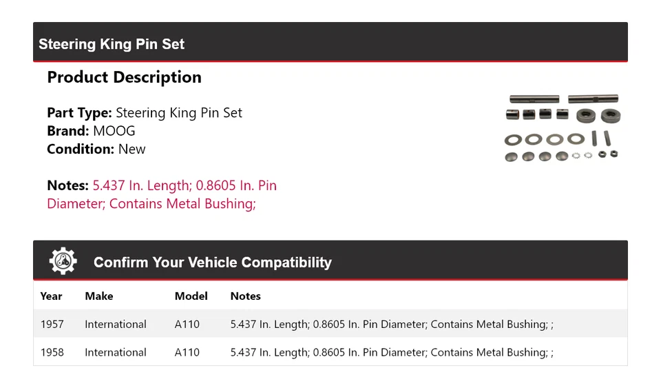 Juego de pasadores de dirección para 1957-1958 International A110 MOOG Foto 2 de 4