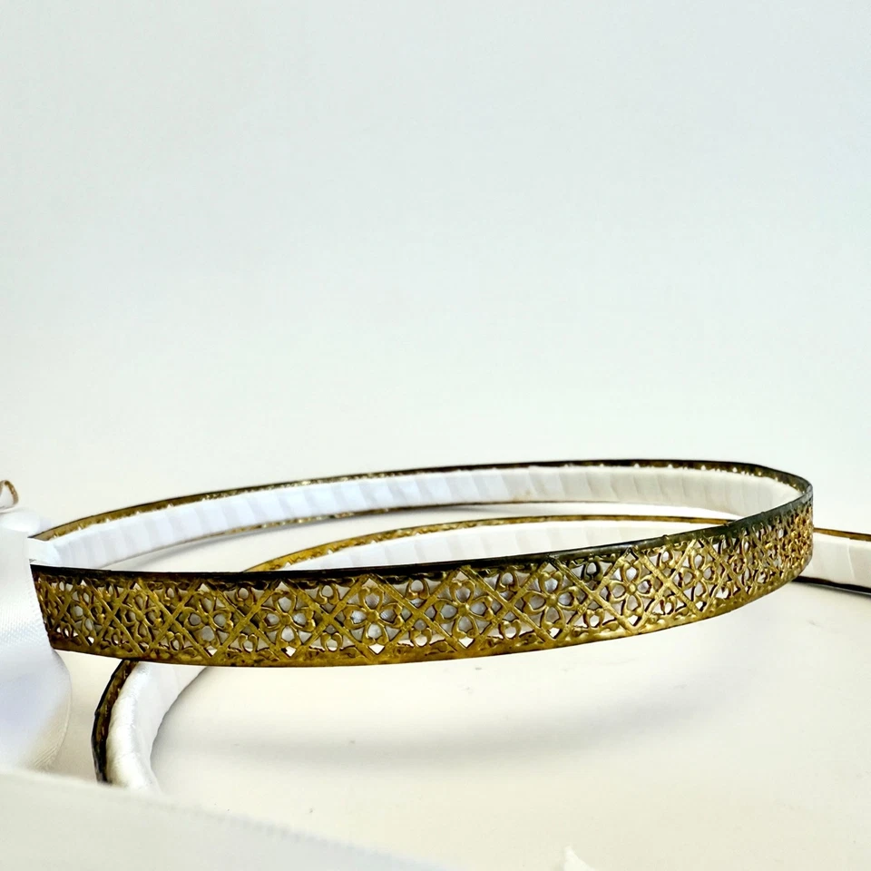 Eastern Orthodox Wedding Crowns Gold with White Ribbon - Metal Cross Stefana  - Image 3 of 4