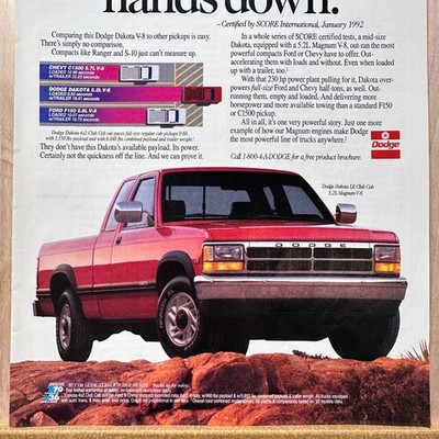 1992 Dodge Dakota V-8 Red Pickup Truck  Vintage Print Ad Out Powers Auto Advert