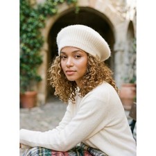 Vintage ARIS Cream Off-White Angora Wool Fuzzy Knit Beret Hat Made in USA