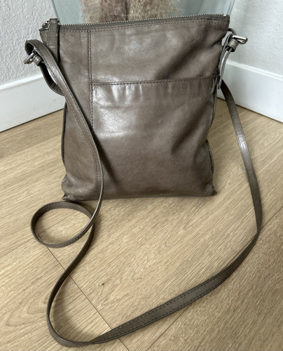 HOBO International Leather Crossbody Bag Small Taupe Gray Exterior Pocket
