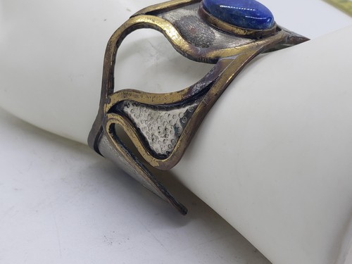 Morita & Cia Handmade Chile Mixed Metal Cuff Bracelet Blue Cabochon Modernist - Picture 12 of 19